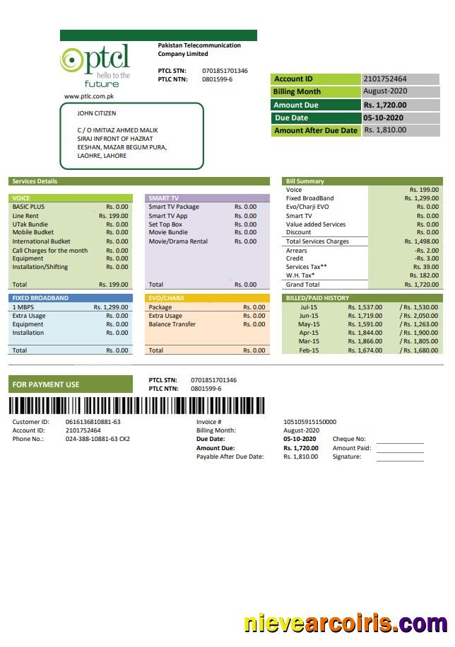 Pakistan PTCL utility bill